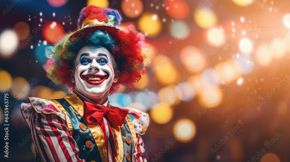 Portrait of Funny face Clown man in colorful uniform standing holding copy space. Happy expression male bozo in various pose with circus lights on background. - obrazy, fototapety, plakaty 