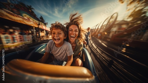 Mother and two children ride a roller coaster in an amusement park © sirisakboakaew