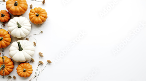 Autumn background with pumpkins and seeds  place for a text  top view