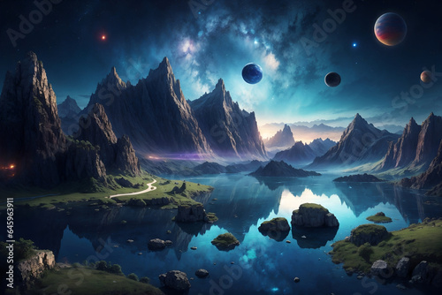 Fantasy planet landscape with unworldly planet and stars © Designer Khalifa