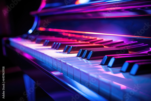 Electric piano keys in neon light.