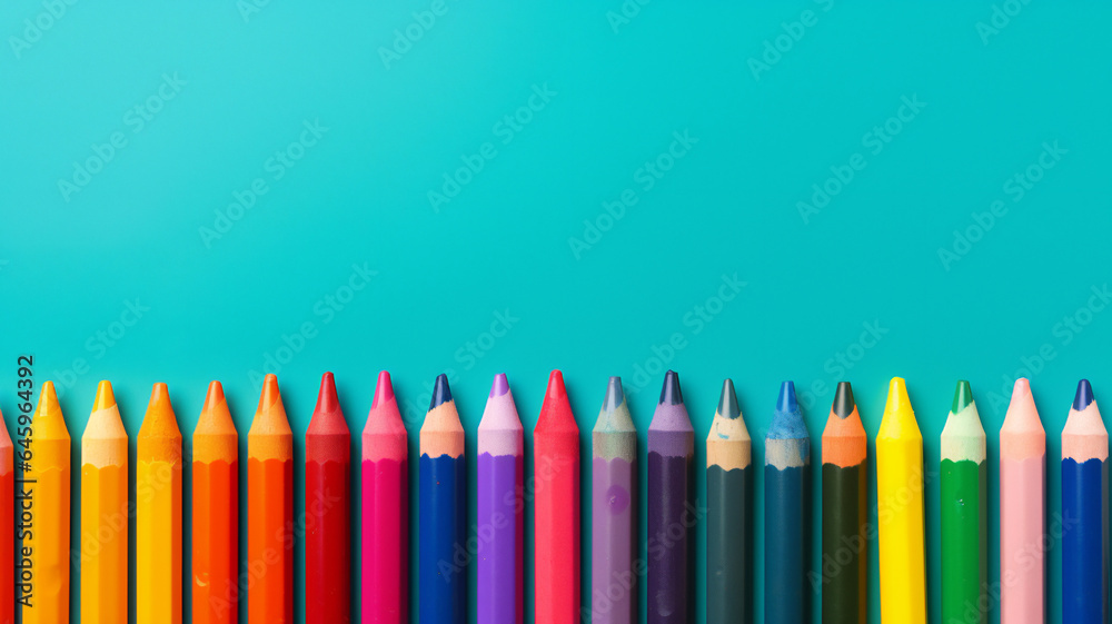 Wax crayon pencils background showing drawing materials for preschool children for use in the classroom when they go back to school, computer Generative AI stock illustration image