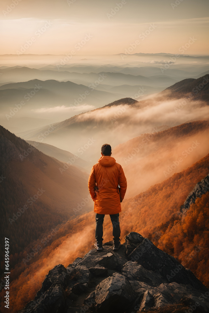 wide angle shot, Panoramic image of man in orange, standing victorious on mountain top, sunset and clouds in the background. Image created using artificial intelligence.