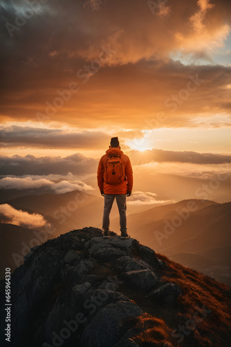 wide angle shot, Panoramic image of man in orange, standing victorious on mountain top, sunset and clouds in the background. Image created using artificial intelligence.