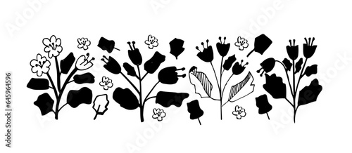 Flowers vector drawing set. Ink hand drawn flowers and leaves, monochrome artistic botanical illustration. Brush strokes herbal silhouette . Botanical grunge ornament.