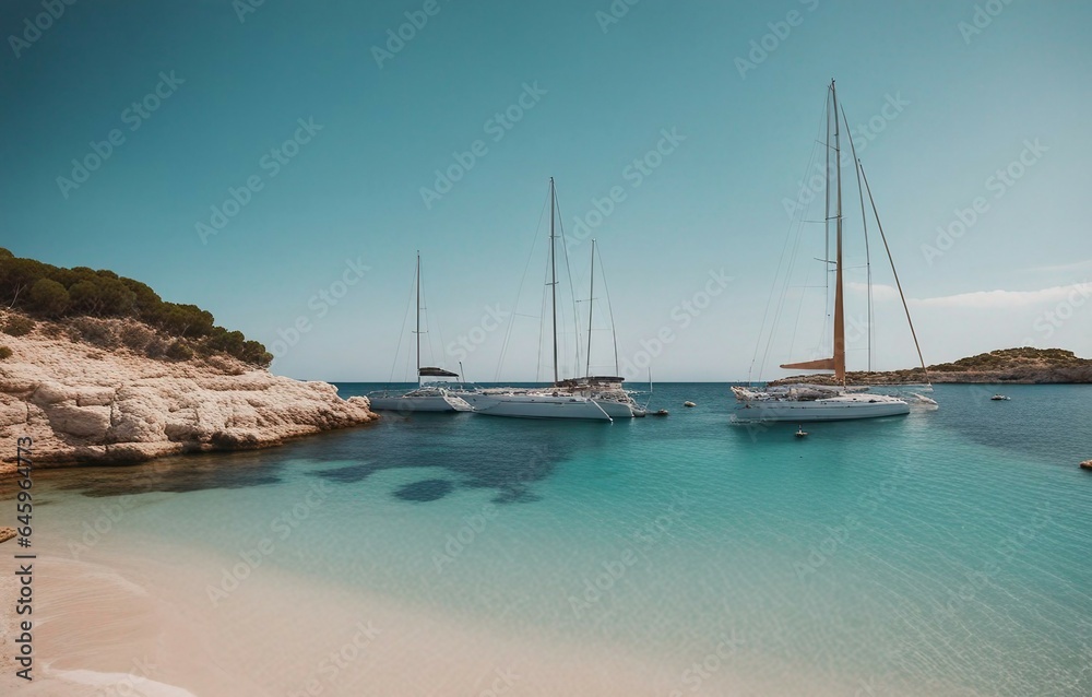 Beautiful beach with sailing boat yacht. Summer and travel concept
