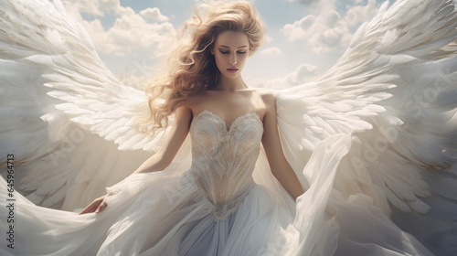 Beautiful girl in angel costume with wings. Fantastic angel on the sky background photo