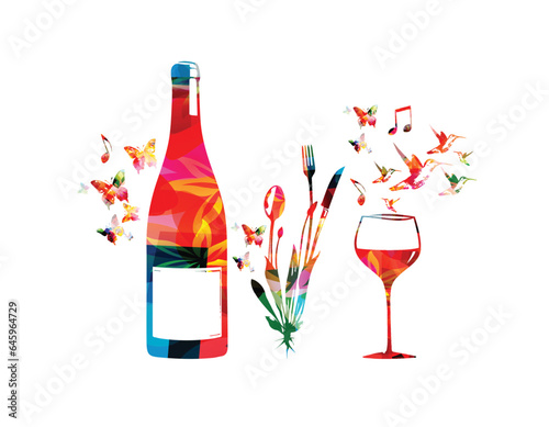 Cutlery set, spoon, fork and knife with wine bottle and glass. Colorful tableware design for restaurant poster, restaurant menu, wine tasting, music events