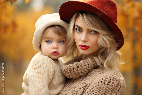 Autumn portrait of a woman and her baby, woman wearing hat and sweater 