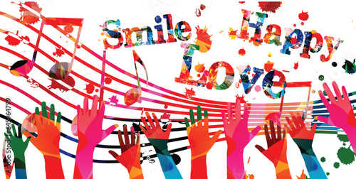 Music background with colorful G-clef, music notes and hands vector illustration design. Artistic music festival poster, live concert events, party flyer, music notes signs and symbols