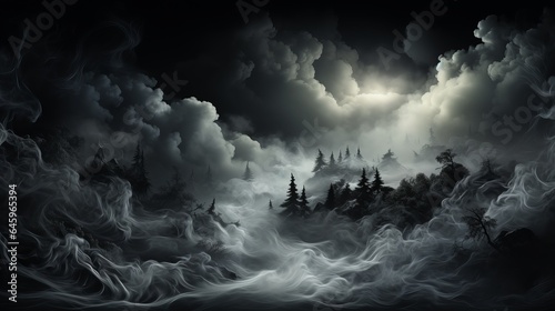 Clouds of smoke, steam, fog and white foggy vapor float on a black background