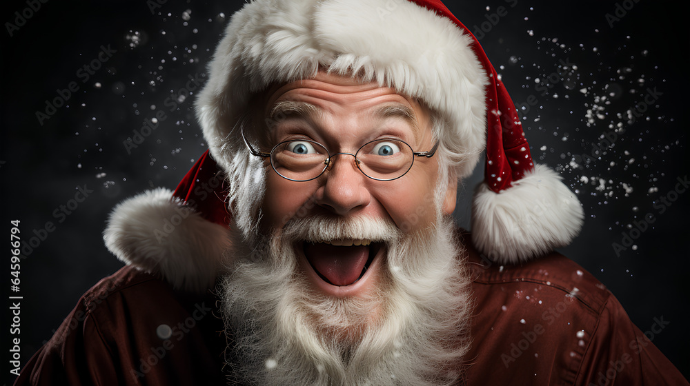 Portrait of santa claus in red hat and glasses on dark background