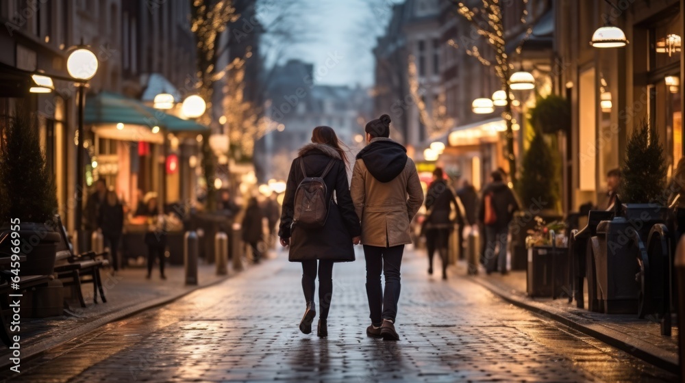 people walking in the city at night time. Generative AI people walking in the city at night time. Generative AI