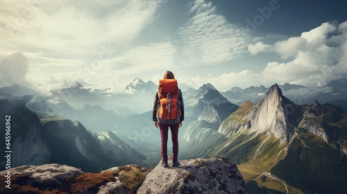 hiker in the mountains looking at a beautiful view. Generative AI