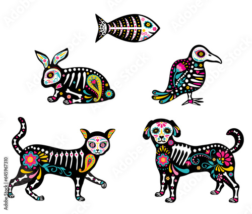 Mexican animal skulls, festive dog, bird, cat and fish. Dia de los Muertos, Mexican Day of Dead. Animals skeletons, Halloween celebration spooky cute characters. Nowaday day of dead vector elements