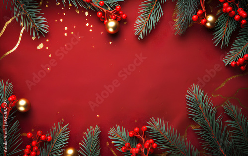 Festive Christmas Background Xmas Tree and Sparkling Bokeh Lights on a Red Canvas Backdrop. Merry Christmas Card with a Winter Holiday Theme, Wishing a Happy New Year. Ample Space for Text