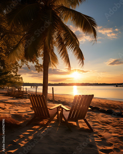 South sea beach at sunset with many palm trees and beach bar in the foreground.