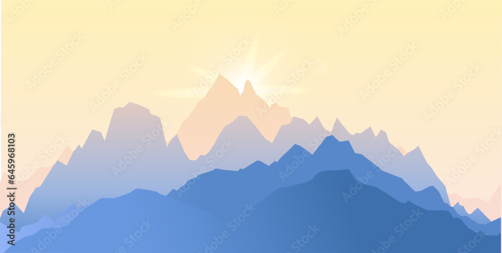 Rocky terrain natural landscape for scenery. Vector background with mountains and alpine peaks. Monochrome blue landscape. Vector illustration.