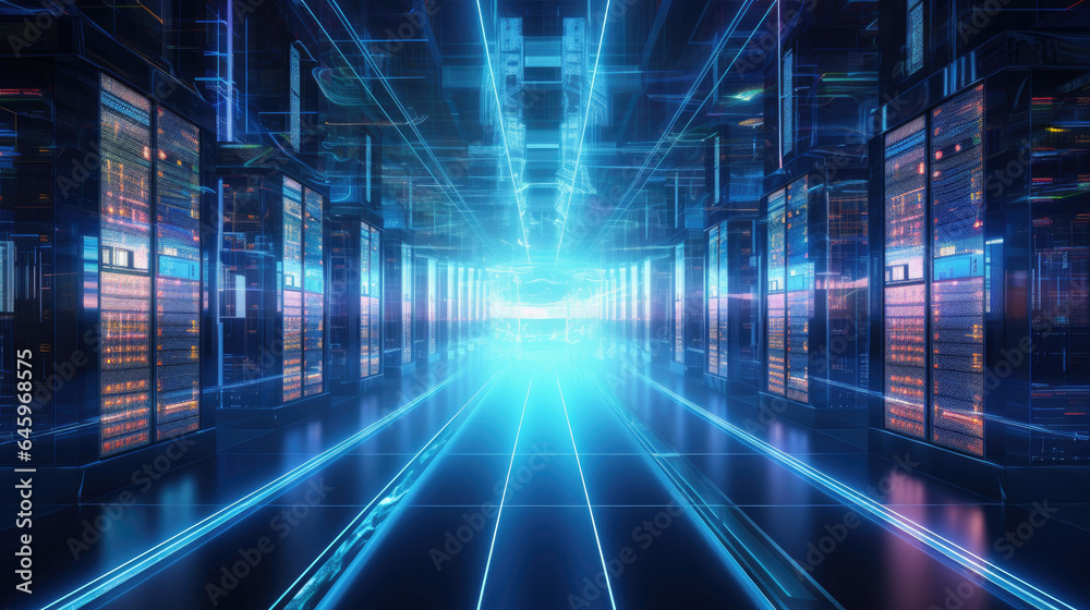 Concept of server room in data center full of telecommunication equipment. Cyberpunk style.For banners, covers, backgrounds and other projects about cyber data security. Concept of server room in data center full of telecommunication equipment. Cyberpunk style.For banners, covers, backgrounds and other projects about cyber data security.