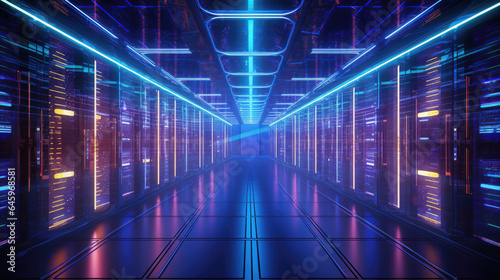 Illustration of open server room in a data center illuminated by neon lights. For banners, covers, backgrounds and other projects about cyber data security.