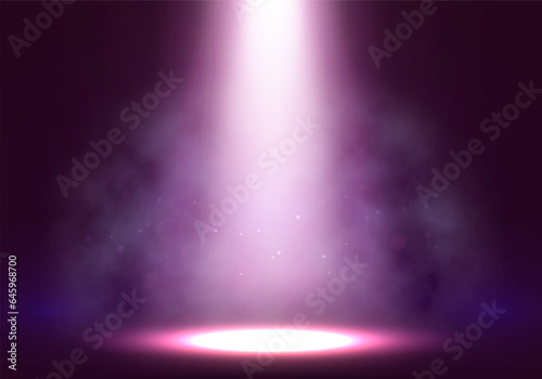 Spotlights. Scene for presentation illuminated by spotlights with smoke. Vector illustration.