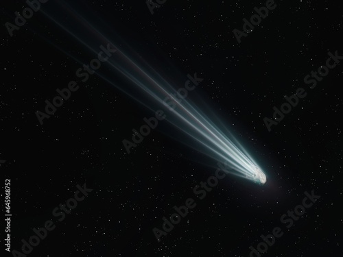 Beautiful comet tail against the background of space. Real comet in the starry sky. Large near Earth object.