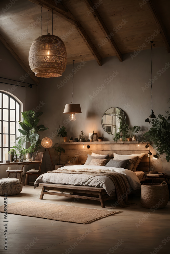 a loft style bedroom with a rustic design featuring a bed on a wooden podium dotted lighting and a wicker designer chair and desk. Image created using artificial intelligence.