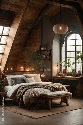 a loft style bedroom with a rustic design featuring a bed on a wooden podium dotted lighting and a wicker designer chair and desk. Image created using artificial intelligence. © kapros76