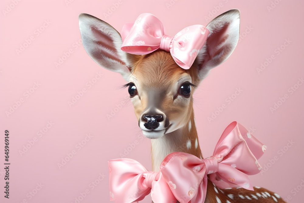 Modern anthropomorphic portrait of a doe with a pink hat on her head and a suit on a baby pink background. A minimal surreal idea.