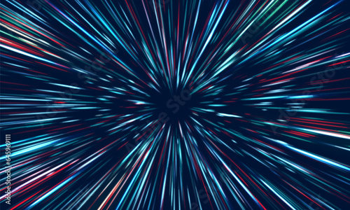 Portal with light effects. Neon futuristic tunnel. Abstract visualization of teleportation. Galactic background. Speed concept. Vector illustration.