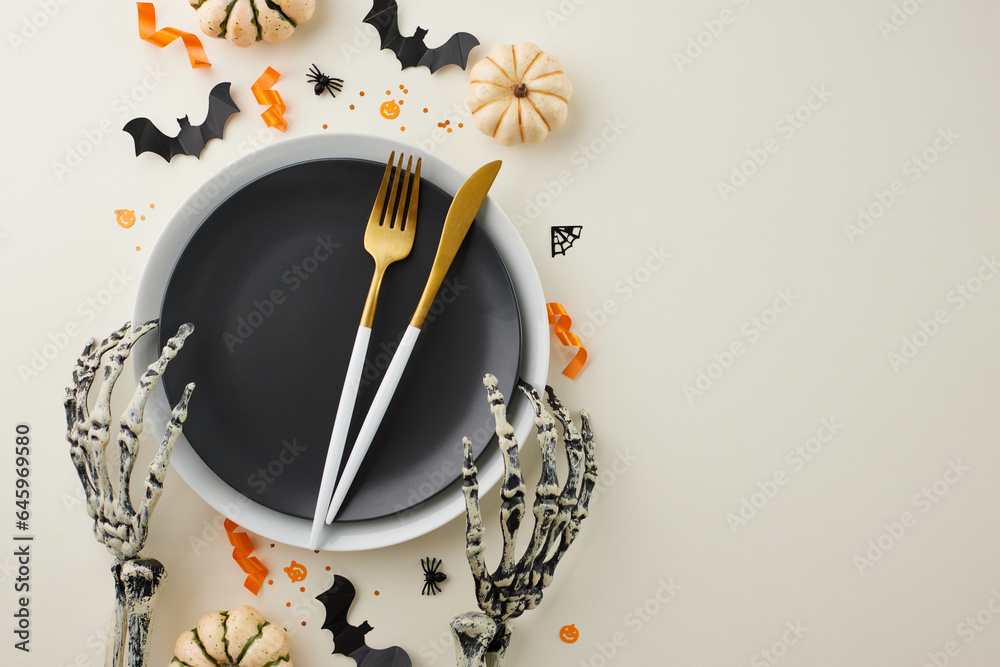 Imfusing Table Infusing your table with the spirit of Halloween celebration. Top view ...