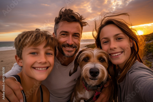 Diferentes tipos de familia disfrutando de un día de playa junto a su perro. Diversidad. 