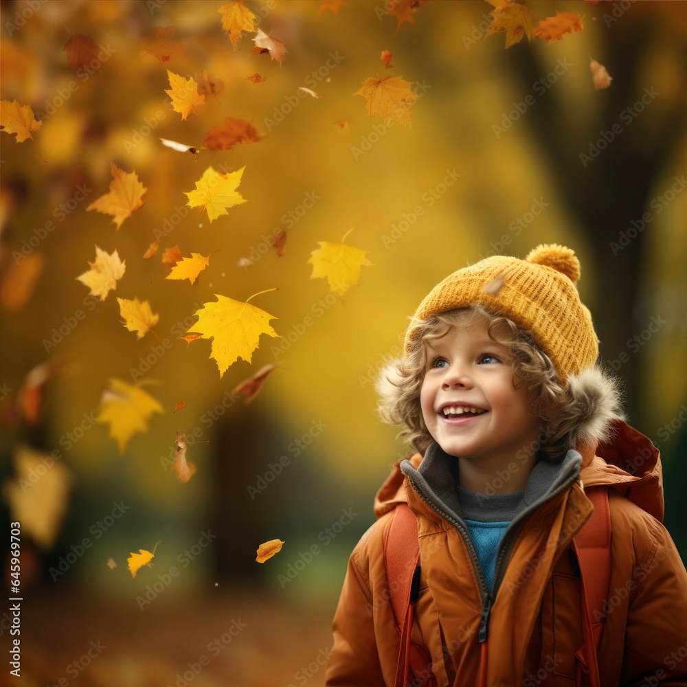 Happy 6-year-old boy looking at falling yellow leaves in an autumn. Generative AI Happy 6-year-old boy looking at falling yellow leaves in an autumn. Generative AI