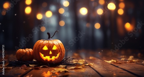 Jack o lantern Halloween pumpkin in the dark forest background
