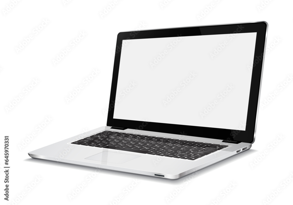 Laptop with blank screen isolated on white background. Realistic open laptop with white aluminium body. Modern glossy laptop. Vector illustration. Laptop with blank screen isolated on white background. Realistic open laptop with white aluminium body. Modern glossy laptop. Vector illustration.