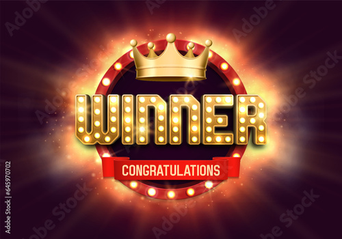 Shining sign Winner with golden crown on a bright background. Vector illustration.