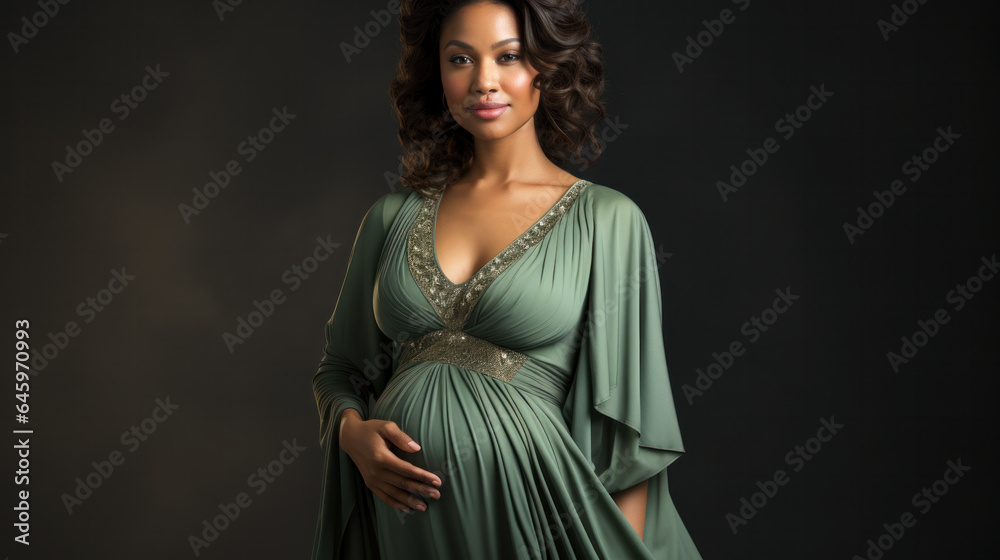 Portrait of young and pretty pregnant woman with a beautiful blue flying satin fabric