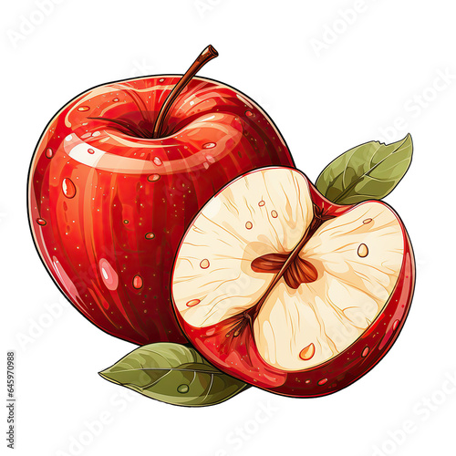 Fresh red apple sliced in half . Clipart PNG image . Transparent background . Cartoon vector style . Generative AI