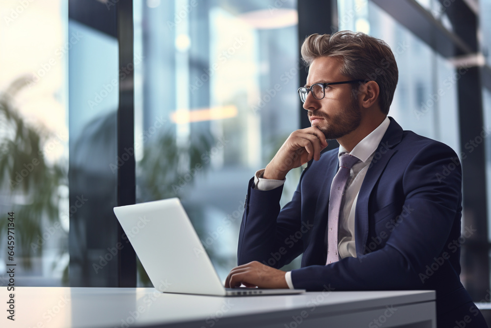 Pensive businessman using laptop at workplace. A man in a suit works at a computer in the office. Generative AI Pensive businessman using laptop at workplace. A man in a suit works at a computer in the office. Generative AI