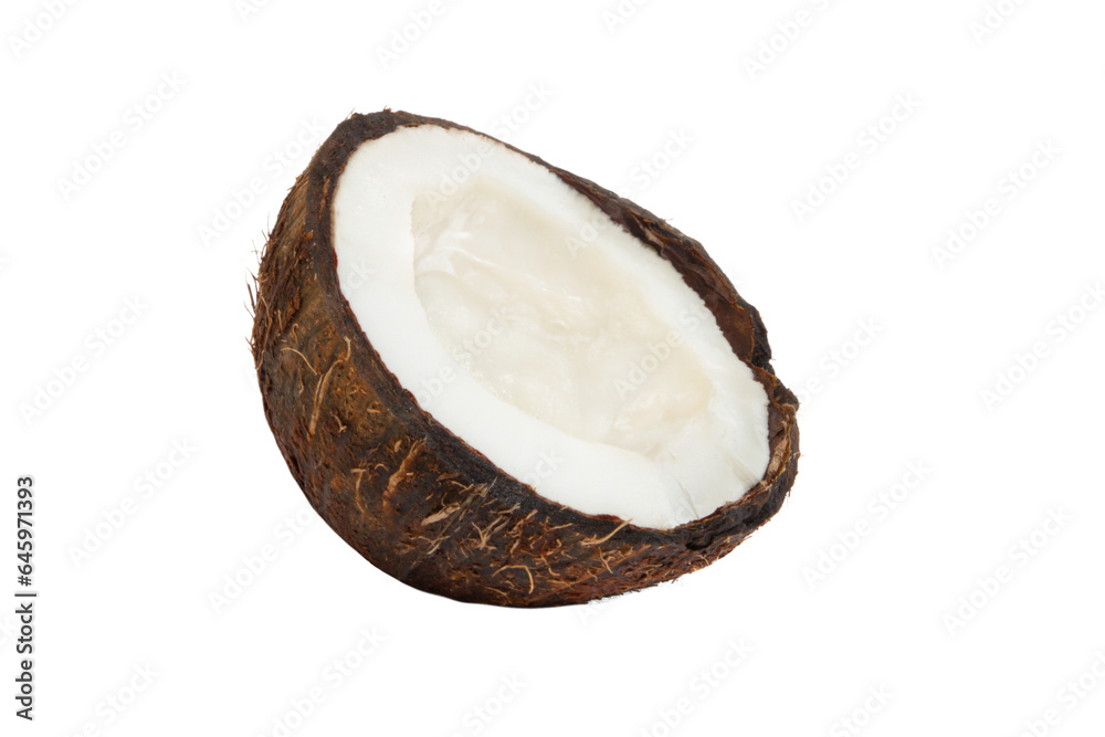 Half a coconut in a coconut shell on a blank background. PNG Half a coconut in a coconut shell on a blank background. PNG
