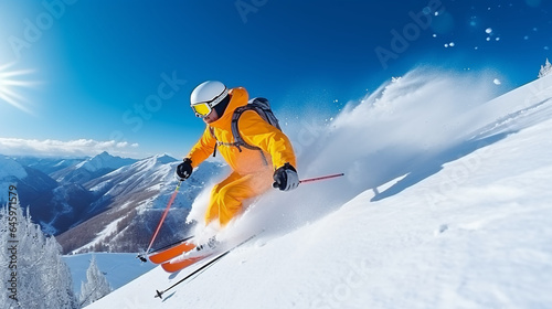 Skier on the slope in the mountains