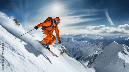 Skier skiing downhill in the mountains