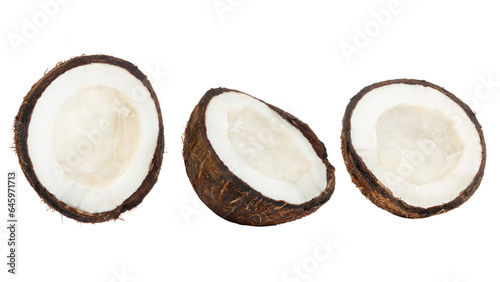 Set of whole coconuts and pieces of coconut on a blank background. PNG