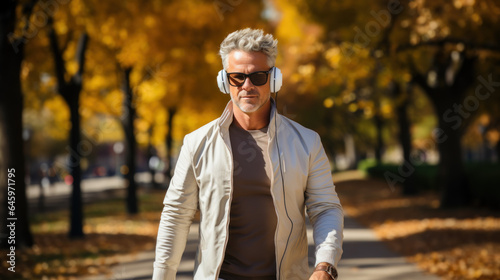 Happy positive mature man wearing headphones on a walk © Neuroshock