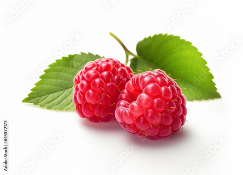 Raspberry with leaves isolated on white background. Red raspberries with green leaf.