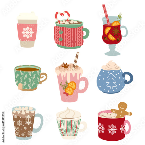 Set of Autumn and Winter drinks Vector Flat illustration. Hand drawn Cup with Cappucino, Coffee, Hot chocolate, Cacao, Tea, Mulled wine isolated on white. Template for Holiday, Decoration, Christmas.