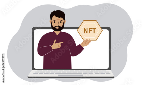 NFT concept. A laptop in which a man with the image of NFT in the palm of his hand. Auction of non-fungible tokens, markets, online education.