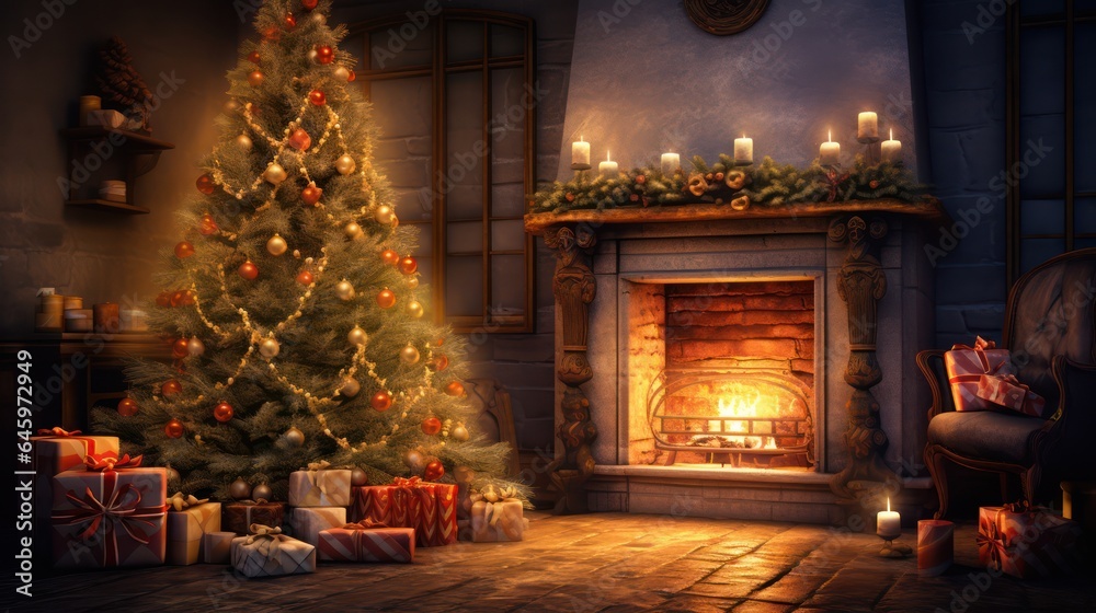 Christmas tree decoration with fireplace 