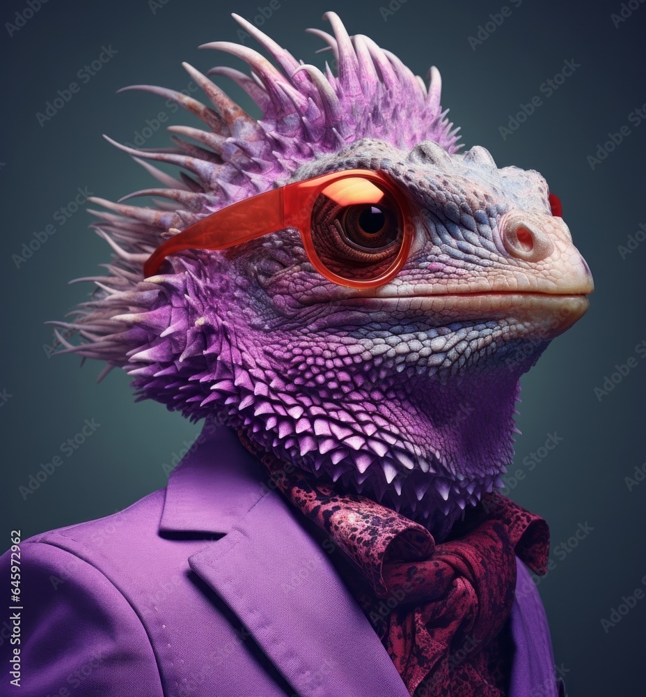A whimsical portrait of an anthropomorphic lizard wearing a stylish suit and glasses, basking in the sun with a vibrant purple dragon feather around its neck A whimsical portrait of an anthropomorphic lizard wearing a stylish suit and glasses, basking in the sun with a vibrant purple dragon feather around its neck