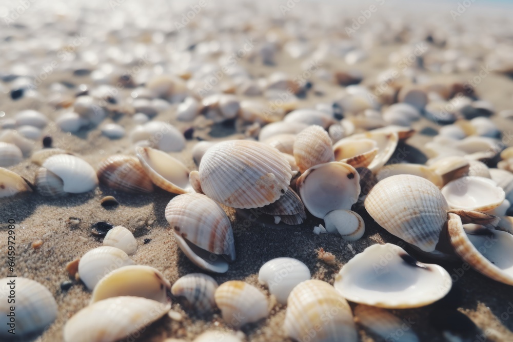 Seashells shells laying on white sand sea beach tropical sanded seashore sandy seacoast backdrop beauty calm tranquil ocean seaside environment summer day vacation travel exotic aqua island background